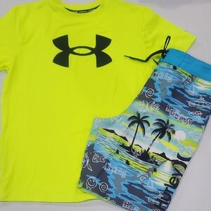 Under Armour Kids Neon Yellow Swim Shirt & Boardshorts By Hurley